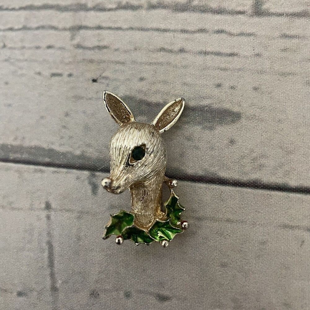 Vintage Gerry’s Christmas Brooch Antlered Reindeer- Gold Toned with Holly Leaves